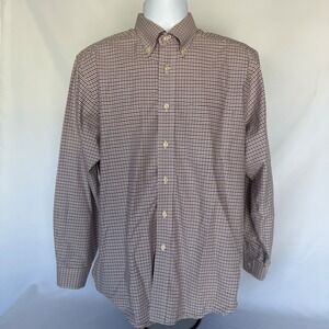 LL Bean Mens 15.5 33 Button Down Shirt Burgundy White Check Cotton Long Slv